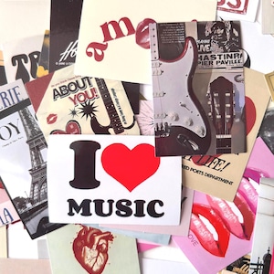 May include: A collage of various stickers and cards with diverse designs. Notable elements include a card with "I ❤️ MUSIC" text, a guitar illustration, and lips. Other cards feature text like "ABOUT YOU!" and "LIFE!"
