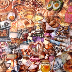 Op de afbeelding: Waterverfillustratie van diverse bakkerijproducten, waaronder brood, gebak en een hartvormige pretzel. De afbeelding toont een broodrooster, potten kersen, eieren en een roze schort, wat een bakkerijthema creëert.