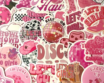 50 różowych naklejek z motywem kowbojki disco | Pakiet naklejek z cytatami z Y2K | Estetyczne naklejki w stylu glamour dla dziewczyn