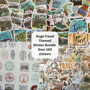 Ultieme reisstickercollectie, meer dan 100 stickers, moderne en vintage stickers, ambachtelijke sticker paspoortjournaal, scrapbooking, laptop