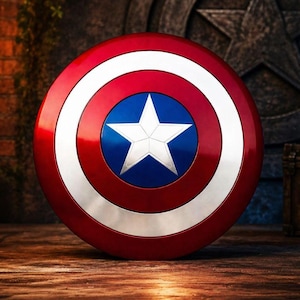 May include: A Captain America shield, featuring a red, white, and blue color scheme. The shield has a circular design with a white star in the center, surrounded by concentric rings of white, red, and blue. The shield is displayed on a wooden surface.