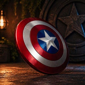 May include: A red, white, and blue shield with a silver star in the center. The shield is round with a silver band separating the red and blue sections. The shield is leaning against a dark background.