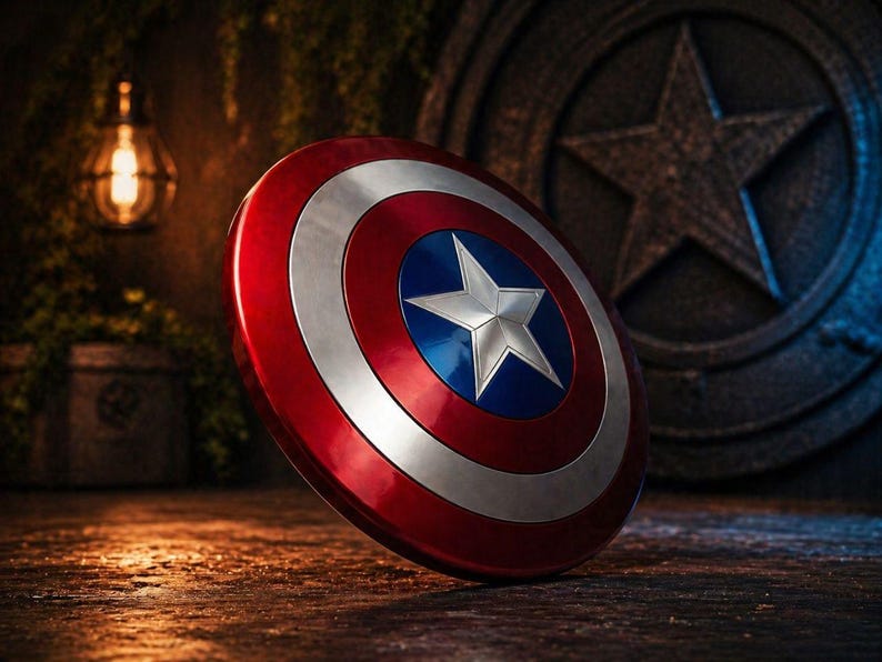 May include: A red, white, and blue shield with a silver star in the center. The shield is round with a silver band separating the red and blue sections. The shield is leaning against a dark background.