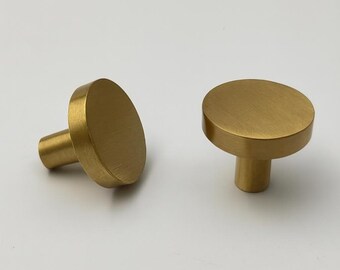 Solid Brass Round Cabinet Knobs: Brushed Gold Minimalist Furniture Handles