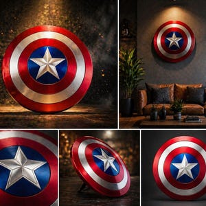 May include: A Captain America shield, featuring a red, white, and blue color scheme with a central silver star. The shield has concentric circles and is a circular shape. The shield is a collectible item.