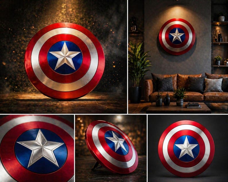 May include: A Captain America shield, featuring a red, white, and blue color scheme with a central silver star. The shield has concentric circles and is a circular shape. The shield is a collectible item.