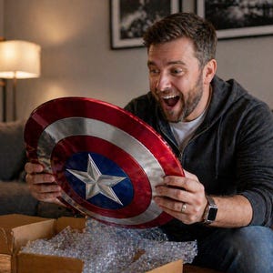 May include: A Captain America shield with a red, white, and blue color scheme. The shield features a silver star in a blue circle at the center. The shield is being held by a person.