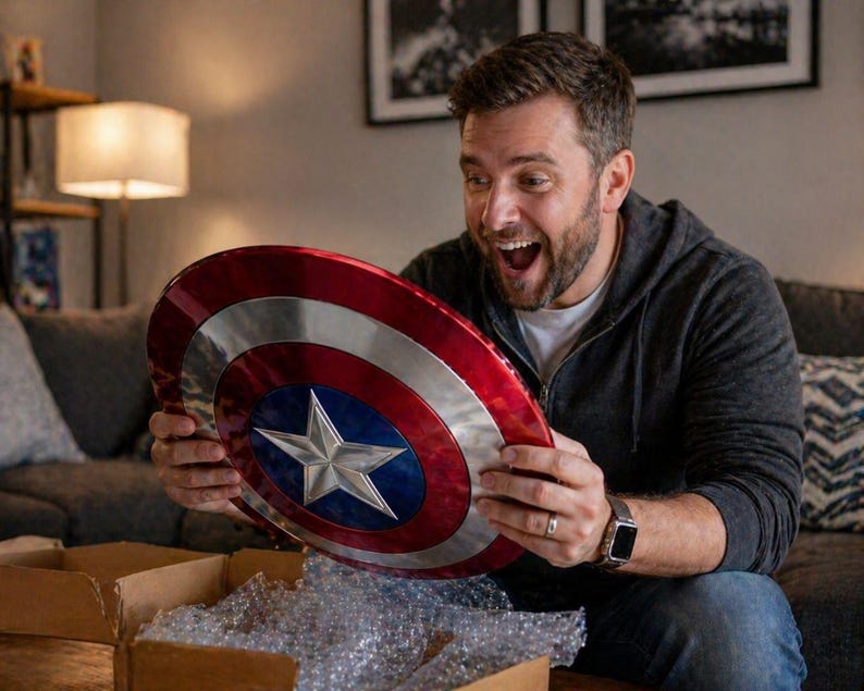 May include: A Captain America shield with a red, white, and blue color scheme. The shield features a silver star in a blue circle at the center. The shield is being held by a person.