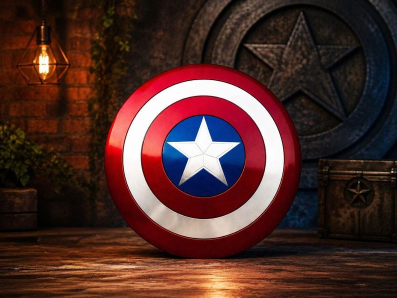 May include: A Captain America shield, featuring a red, white, and blue color scheme. The shield has a circular design with a white star in the center, surrounded by concentric rings of white, red, and blue. The shield is displayed on a wooden surface.