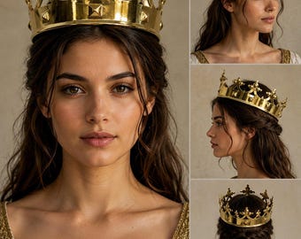 Gold Regal Crown, Medieval Queen Tiara, Cosplay Accessory, Adjustable Royal Headpiece