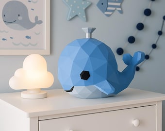 Whale 3D Papercraft Template, Low Poly SVG Cricut, Ocean Nursery Decor Download