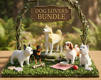 Dog Papercraft Bundle, 5 Low Poly Templates SVG Cricut, Pet Sculpture Set
