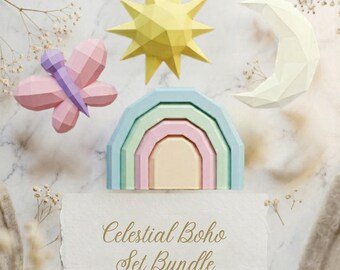 Celestial Papercraft Bundle, Sun Moon Rainbow Butterfly SVG Cricut, Low Poly Set