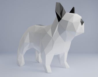 Franse Bulldog 3D Papercraft-sjabloon, Low Poly Dog SVG Cricut, cadeau huisdierliefhebber