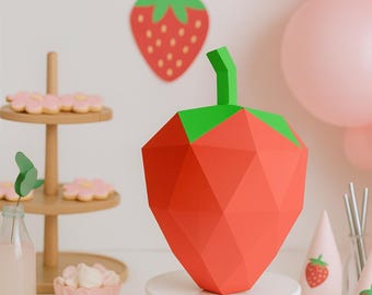 Strawberry 3D Papercraft Template, Low Poly Fruit SVG Cricut, Kitchen Decor Download