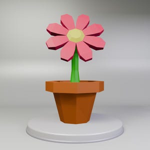 May include: A low-poly style flower in a terracotta pot. The flower has pink petals, a yellow center, and a green stem. The pot sits on a white, round base. The background is a gradient of light gray.