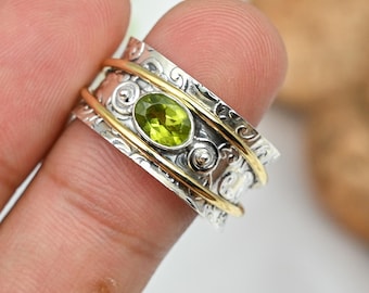 Peridot Stone Sterling Silver Spinner Ring: Boho Meditation Thumb Ring