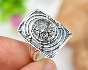 Rutilated Quartz Sterling Silver Spinner Ring: Boho Meditation Jewelry
