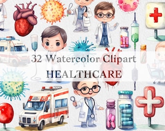 Medical Watercolor Clipart Collection, Medicine Sticker, Health Illustration, Doctor Nurse Clipart PNG format, Transparent PNG & JPG Files