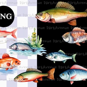 Pu&ograve; includere: Un'illustrazione digitale di sei pesci ad acquerello. I pesci sono di vari colori, tra cui rosso, arancione, verde, blu e marrone. I pesci sono raffigurati in uno stile realistico, con squame e pinne dettagliate.