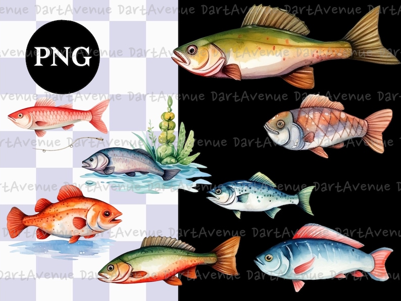 Pu&ograve; includere: Un'illustrazione digitale di sei pesci ad acquerello. I pesci sono di vari colori, tra cui rosso, arancione, verde, blu e marrone. I pesci sono raffigurati in uno stile realistico, con squame e pinne dettagliate.