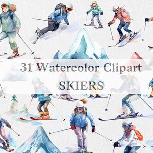 Aquarelle ski Clip Art Collection, Illustration de skieurs, Style aquarelle de montagnes, Station de ski, Art d’hiver, Éléments d’hiver, Format PNG