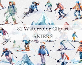 Collezione di clip art di sci ad acquerello, illustrazione degli sciatori, stile acquerello delle montagne, stazione sciistica, arte invernale, elementi invernali, formato PNG