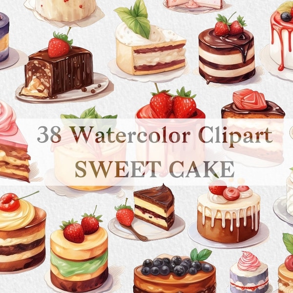 Sweet Cakes and Pastries Clipart Collection, Birthday Cakes, Bakery, Cake logo design, Wedding Cake Watercolor Style, PNG For Commercial Use