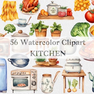 56 Clipart aquarela de cozinha, clipart de comida, estilo aquarela de decoração de casa, utensílios de cozinha aquarela, formato PNG, clipart para uso comercial