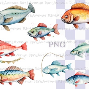 Pu&ograve; includere: Illustrazioni ad acquerello di sette pesci diversi. I pesci sono di vari colori, tra cui rosso, arancione, blu e verde. Tutti i pesci guardano a destra. Lo sfondo &egrave; un motivo a scacchi bianchi.