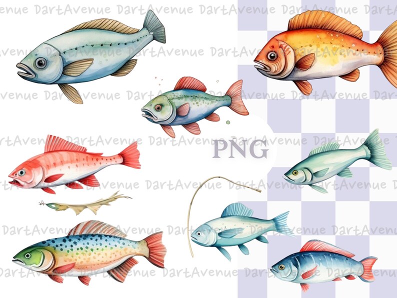Pu&ograve; includere: Illustrazioni ad acquerello di sette pesci diversi. I pesci sono di vari colori, tra cui rosso, arancione, blu e verde. Tutti i pesci guardano a destra. Lo sfondo &egrave; un motivo a scacchi bianchi.