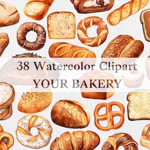 Clipart dell'acquerello del pane, panetteria al forno, illustrazione del pane, Clipart cibo, stile acquerello baguette, 38 file PNG di alta qualità