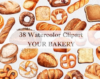 Bread Watercolor Clipart, Baked Bakery, Bread Illustration, Food Clipart, Baguette Watercolor Style, 38 High Quality PNG files