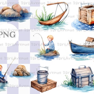Pu&ograve; includere: Illustrazioni ad acquerello di vari oggetti a tema pesca, tra cui una barca di legno, uno scrigno, un secchio, una canna da pesca e un ragazzo che pesca. Le illustrazioni sono su uno sfondo di acqua blu.