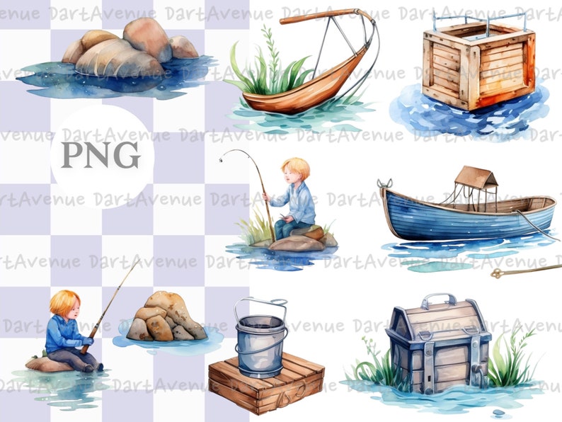 Pu&ograve; includere: Illustrazioni ad acquerello di vari oggetti a tema pesca, tra cui una barca di legno, uno scrigno, un secchio, una canna da pesca e un ragazzo che pesca. Le illustrazioni sono su uno sfondo di acqua blu.