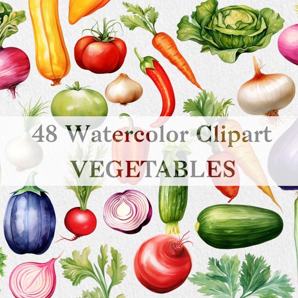 Clipart de légumes, ensemble d’aquarelle végétarienne, aliments sains, légumes d’été, style aquarelle d’aliments naturels, format PNG, utilisation commerciale