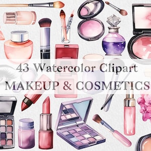 Collezione di clipart per trucco e cosmetici ad acquerello, arte del salone di bellezza, adesivo con logo Cosmetic Spa, illustrazione di moda, download istantaneo PNG