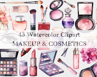 Collezione di clipart per trucco e cosmetici ad acquerello, arte del salone di bellezza, adesivo con logo Cosmetic Spa, illustrazione di moda, download istantaneo PNG