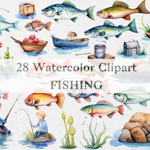 Watercolor Fishing Clipart, Fishing Clipart Bundle, Fathers Day Clipart, PNG, Summer Clipart, Travel Clipart, Files for Sublimation Design