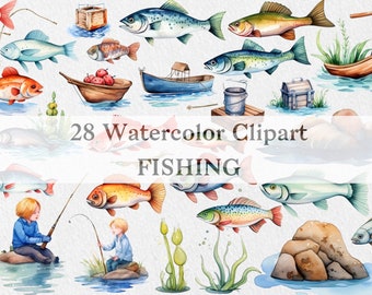 Watercolor Fishing Clipart, Fishing Clipart Bundle, Fathers Day Clipart, PNG, Summer Clipart, Travel Clipart, Files for Sublimation Design