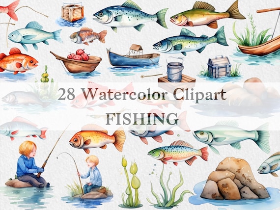 Watercolor Fishing Clipart, Fishing Clipart Bundle, Fathers Day Clipart, PNG, Summer Clipart, Travel Clipart, Files for Sublimation Design