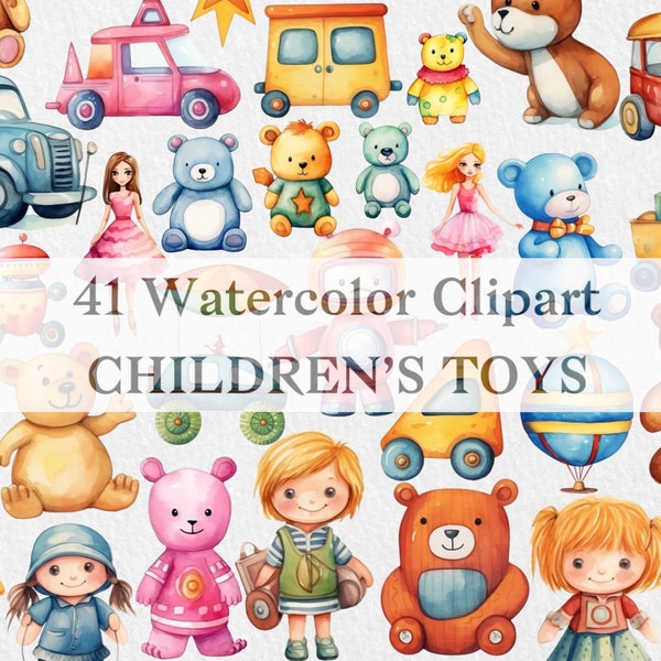 Watercolor Kids Toys Clipart, Watercolor Baby Toys Clipart, Baby Shower Illustration, High Resolution, Dolls PNG, Clipart for Commercial Use