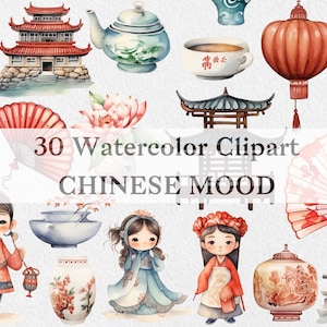 Colección de imágenes prediseñadas de humor chino, cultura china, estilo acuarela de Asia China, formato PNG de viaje de China, los chinos, alta resolución 300 DPI