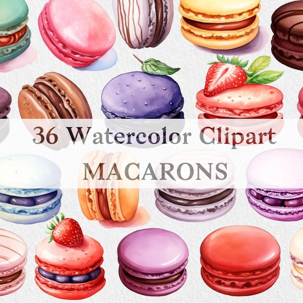 Aquarelle Macarons Cliparts, Macarons colorés, Français Macaron Illustration, Dessert sucré, PNG haute résolution, Clipart pour un usage commercial