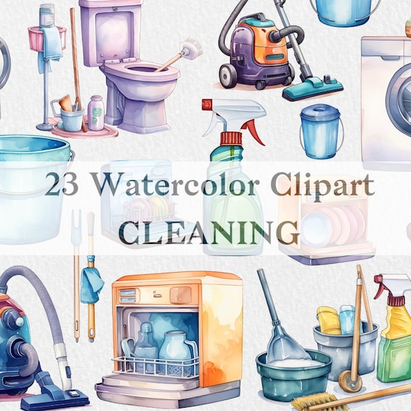 Watercolor Cleaning Clipart Collection, Cleaner Art, Household Chores logo Sticker, Vacuum cleaner, Washing Machine, PNG Instant Download