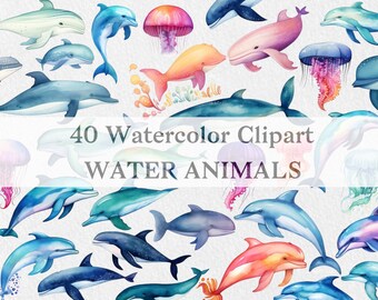 Sea Animals Watercolor Clipart, Ocean Animals Watercolor Style, Jellyfish, Whale, Dolphin, Kids Birthday Nursery Decor, PNG format files