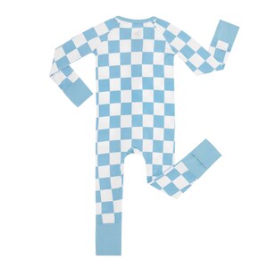 OCEAN BLUE AND white checkered zipper romper