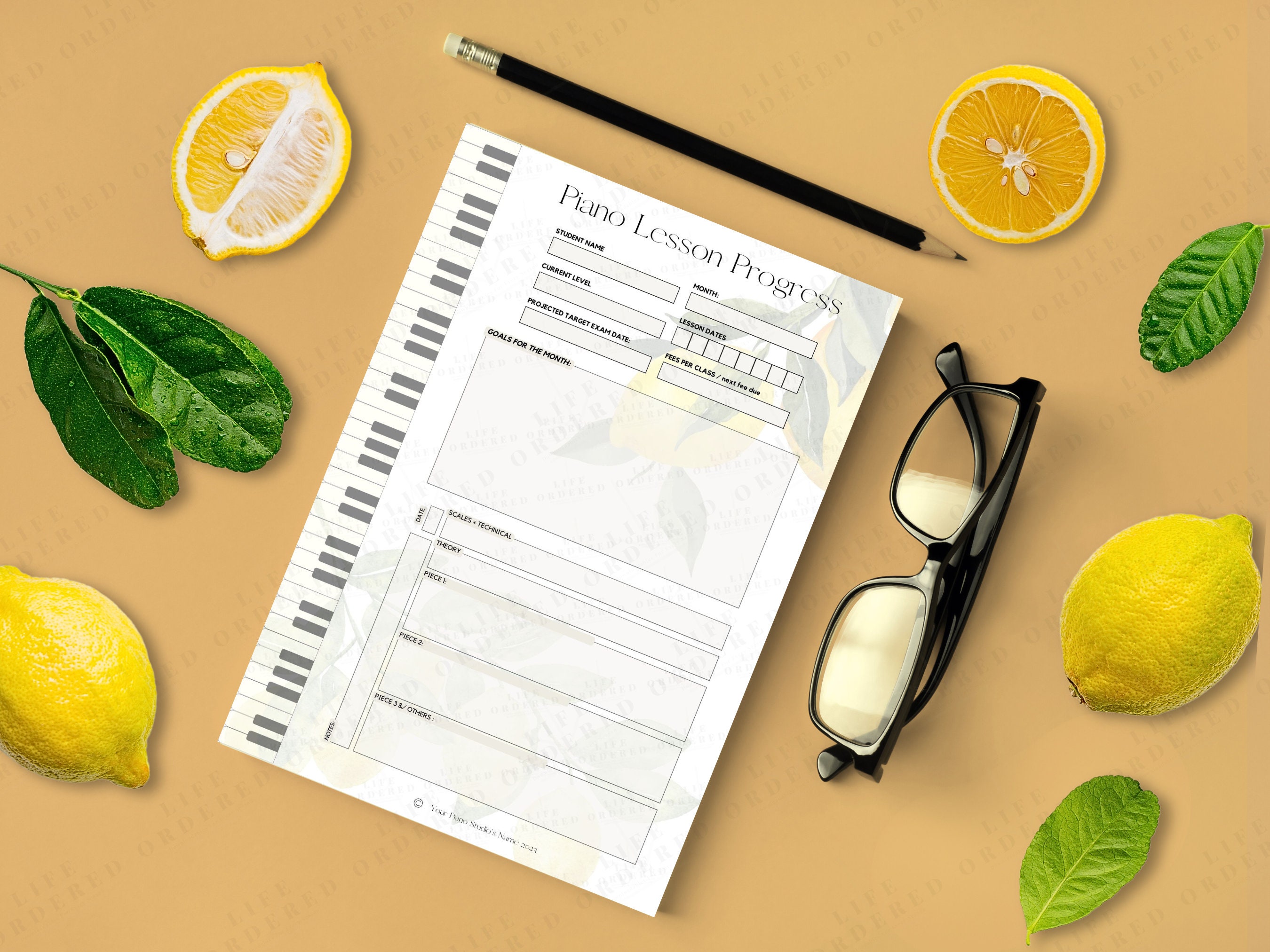 Music/Piano Teacher Lesson Plan RUSTIC LEMON DESIGN Fully Editable Template for Re-printing