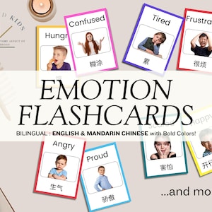 Könnte beinhalten: Emotion-Lernkarten auf Englisch und Mandarin-Chinesisch. Jede Karte zeigt eine andere Emotion, wie "Verwirrt", "Müde" und "Glücklich", mit entsprechenden Bildern und Texten. Die Karten sind in kräftigen Farben gestaltet und für Bildungszwecke geeignet.