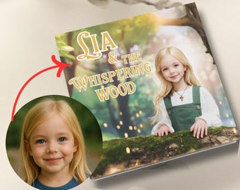 May include: A personalized children's book titled "Sia & The Whispering Wood" featuring a young girl's image. The book cover has a forest scene and the text "PERSONALIZED CARTOON BOOK STARRING YOUR CHILD'S NAME AND FACE!" is displayed above. The image also includes a customer service badge.